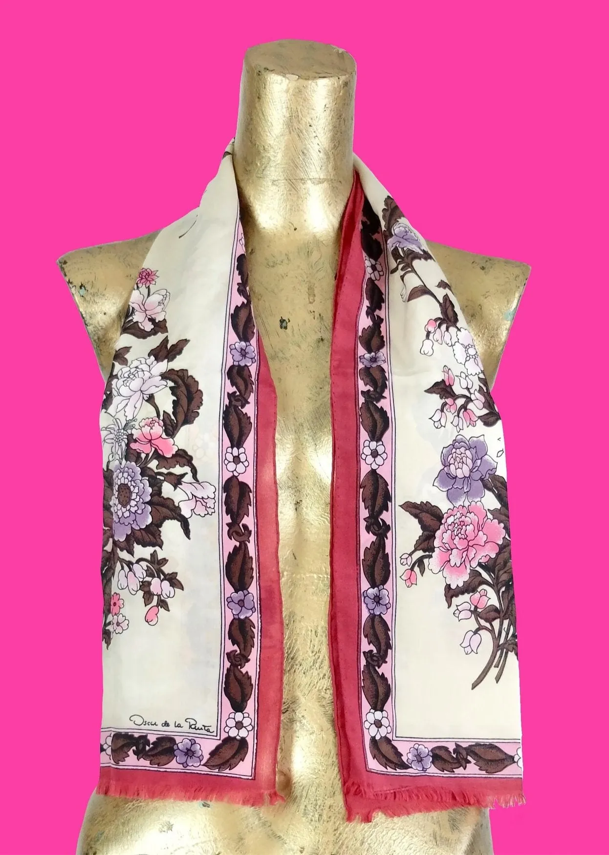 70s TC Exclusive Oscar de la Renta Mod Floral Silk Wide Neck Tie Scarf