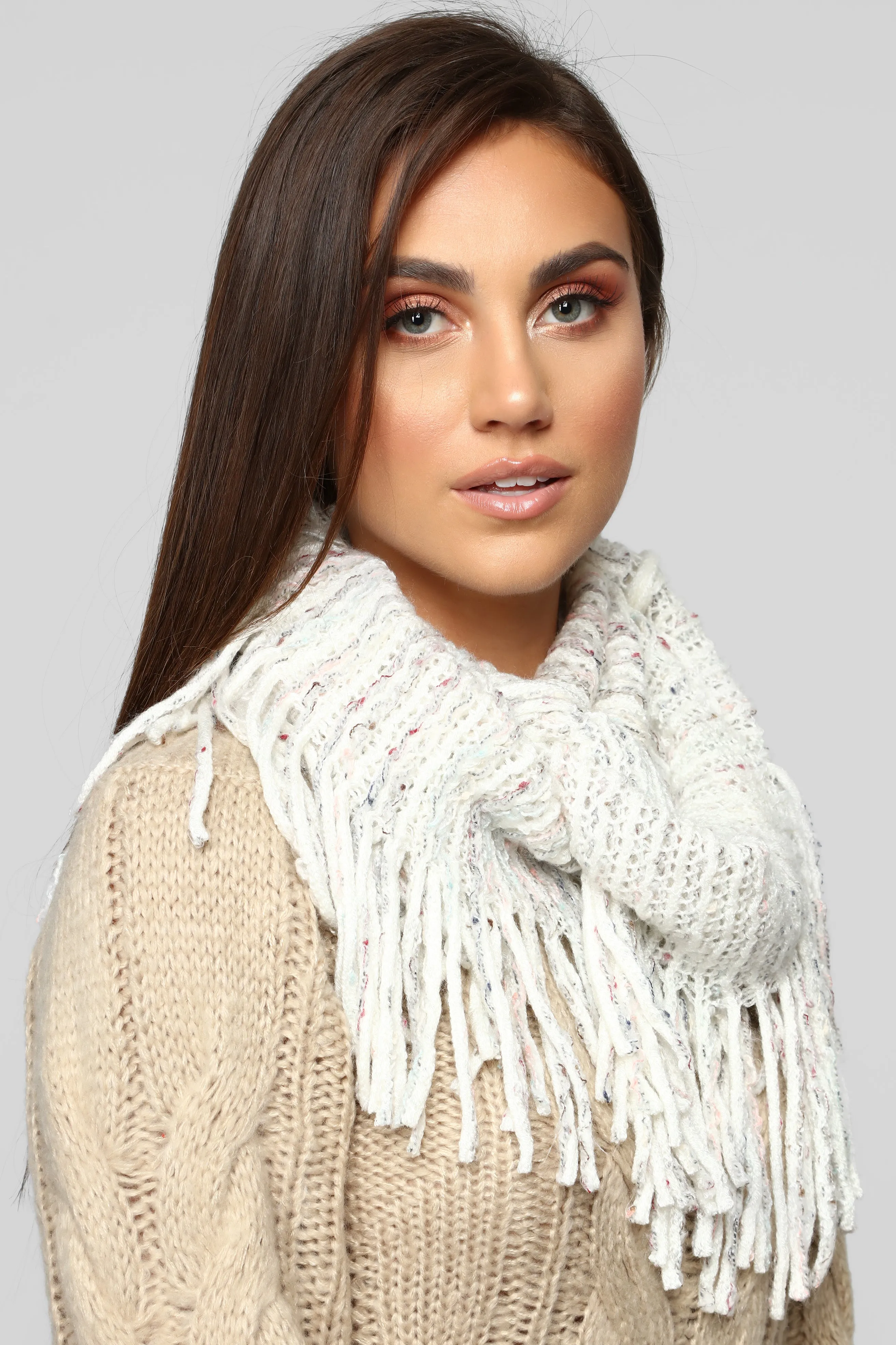 All Bundled Up Fringe Scarf - White