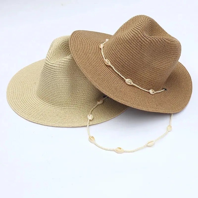 Beach Straw Hat With Designer Shell Chain