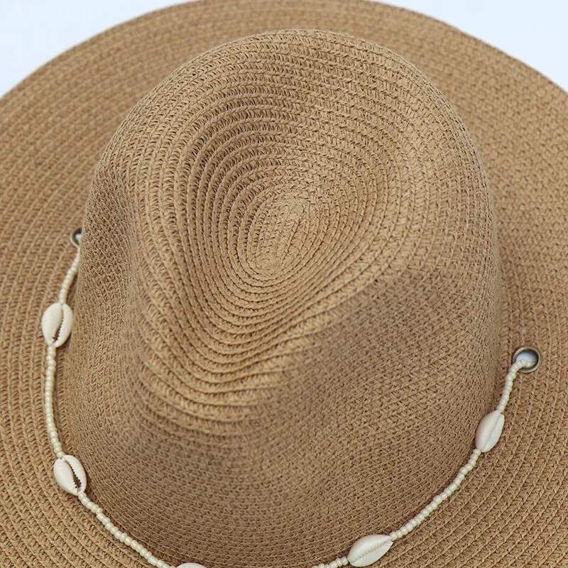 Beach Straw Hat With Designer Shell Chain