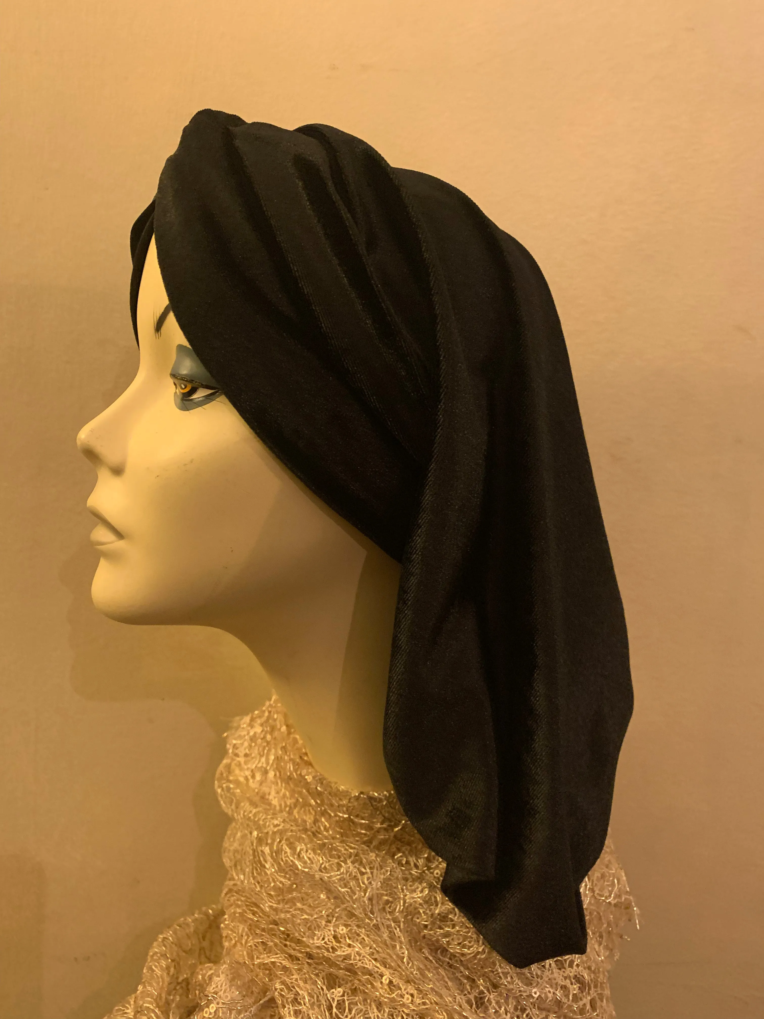 Beautiful Shorter Black Stretchy Rich Velour Lightweight Snood Hijab Turban Head Scarf For Women | Uptown Girl Headwear Brand | Made in USA