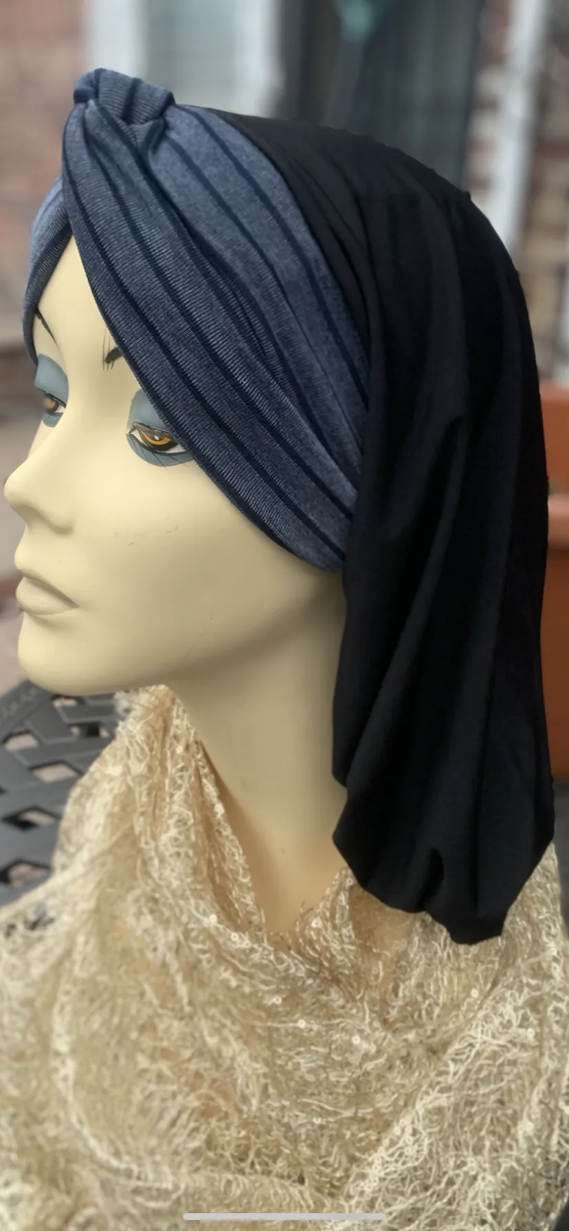 Black Blue Snood Turban Hijab | Made in USA by Uptown Girl Headwear