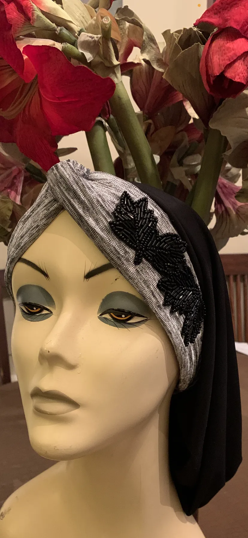 Black Grey Snood With Appliqué On The Side | Hijab Turban Tichel Store In Brooklyn | Proudly Made in USA by Uptown Girl Headwear