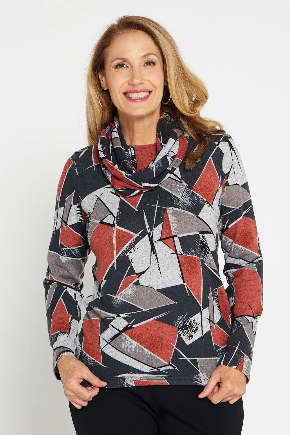 Briston Knit Top & Snood - Black/Rust Geo Print