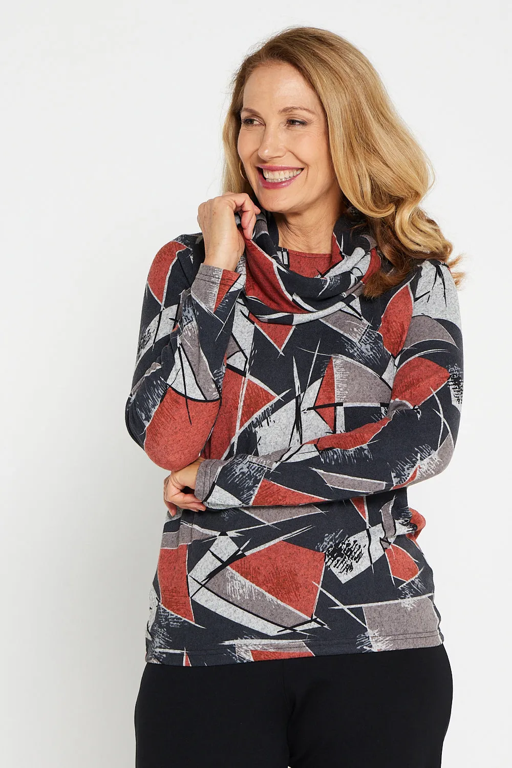 Briston Knit Top & Snood - Black/Rust Geo Print