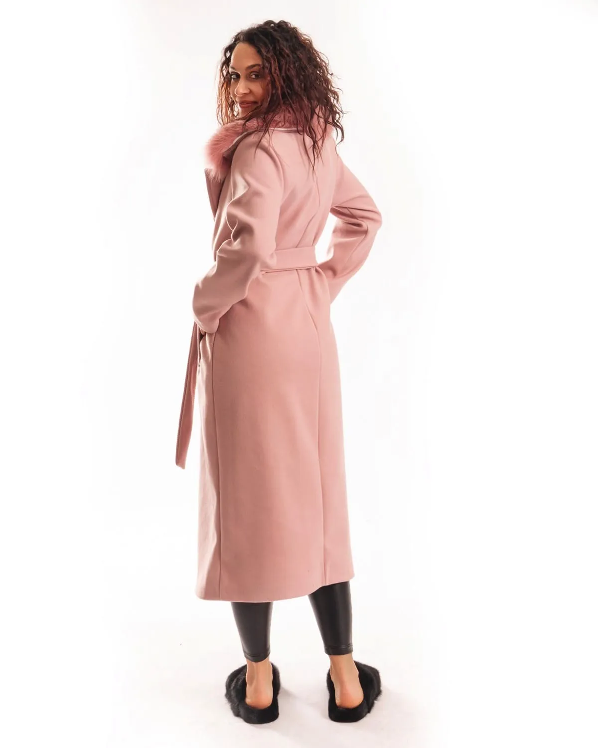 Coat with Belt and Pink Fox Collar