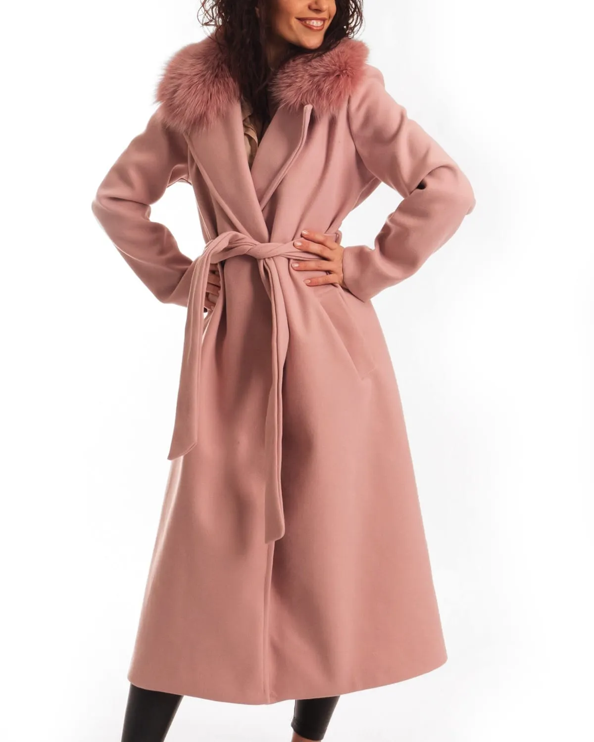 Coat with Belt and Pink Fox Collar