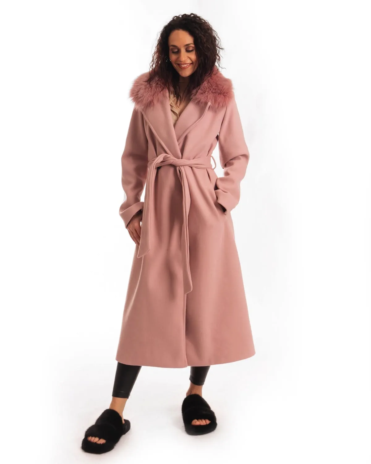 Coat with Belt and Pink Fox Collar