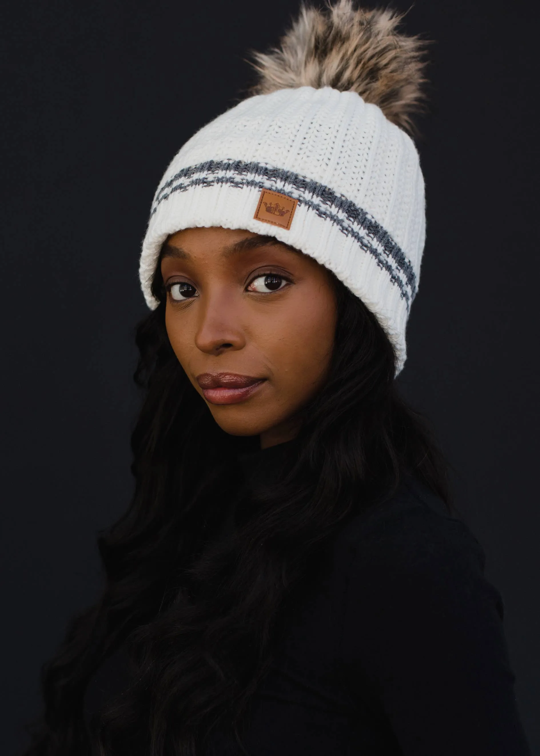 Cream w/ Dark Gray Stripe Pom Hat