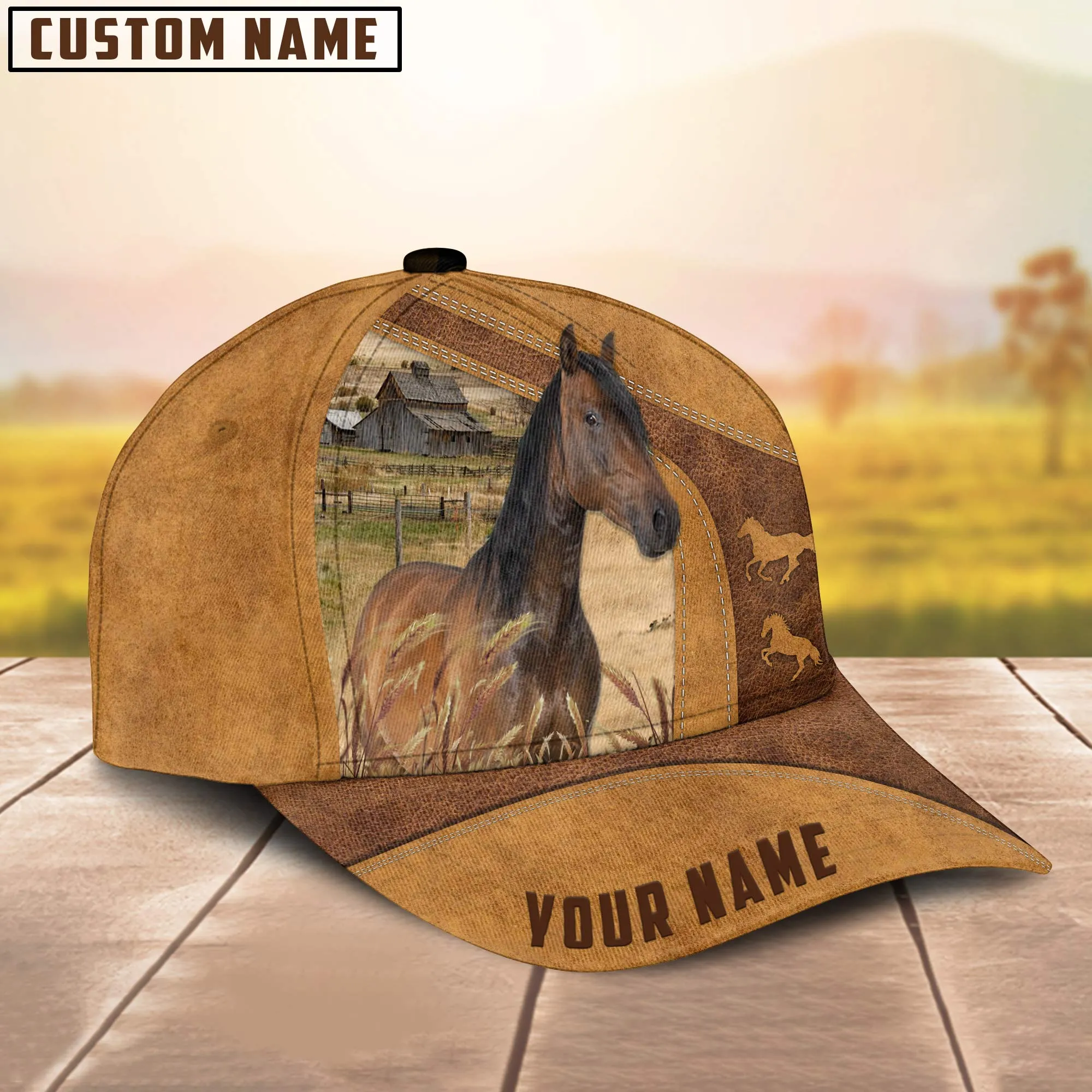 Custom Name Horse Cap , Horse Hat, Farm Baseball Hat Brown Leather Pattern