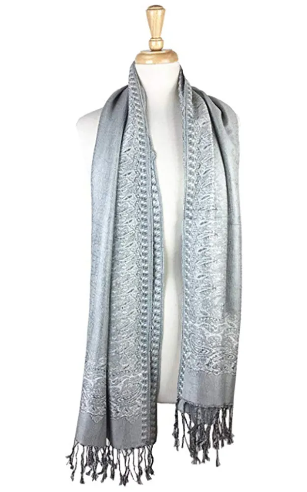 DB003-26 Silver Border Print Pashmina Scarf