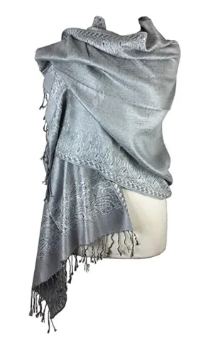 DB003-26 Silver Border Print Pashmina Scarf