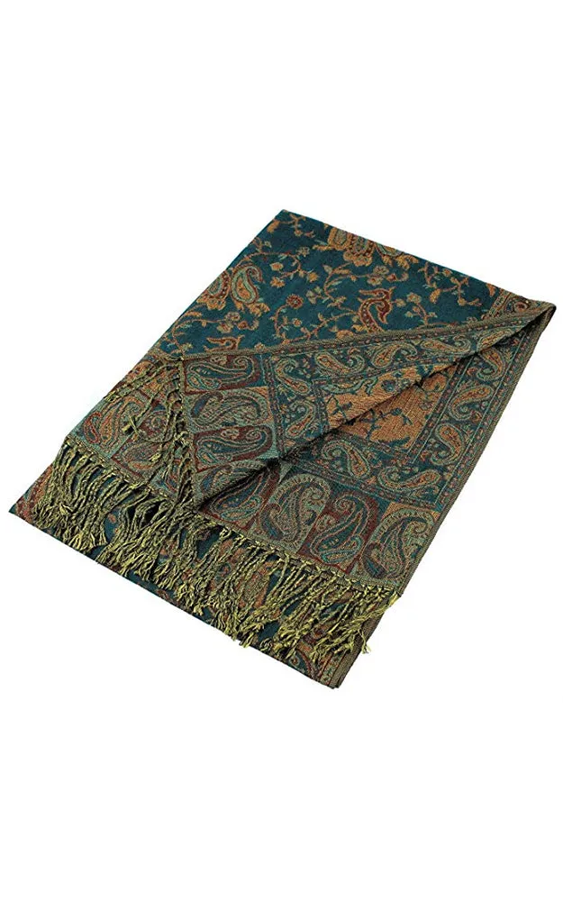 DB023-21 Teal Paisley Print Pashmina Scarf