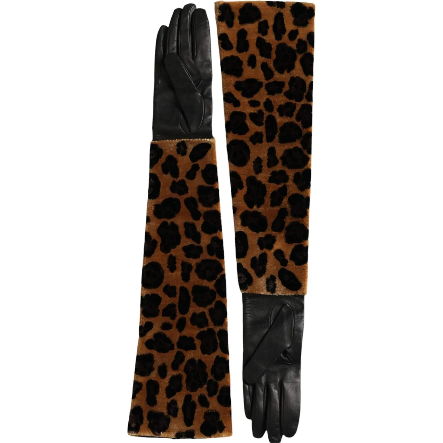 Dolce & Gabbana Brown Black Leopard Leather Elbow Length Gloves