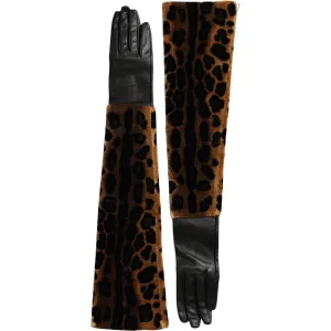 Dolce & Gabbana Brown Black Leopard Leather Elbow Length Gloves