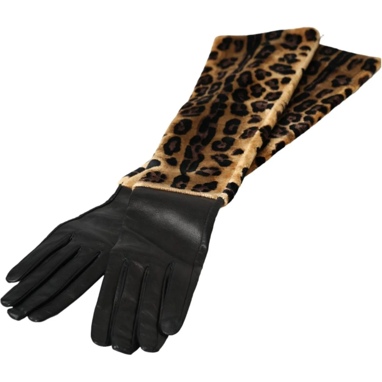 Dolce & Gabbana Brown Black Leopard Leather Elbow Length Gloves