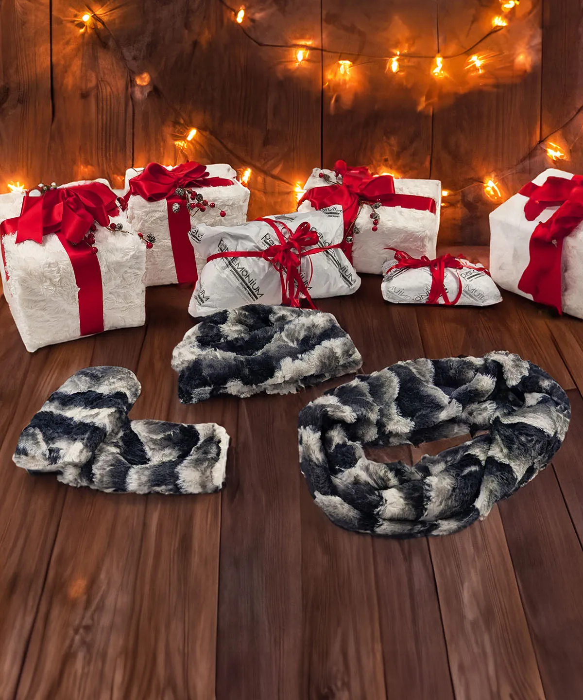 Faux Fur Gift Set - Infinity Scarf, Cuffed Pillbox and Fingerless Gloves in Ocean Mist