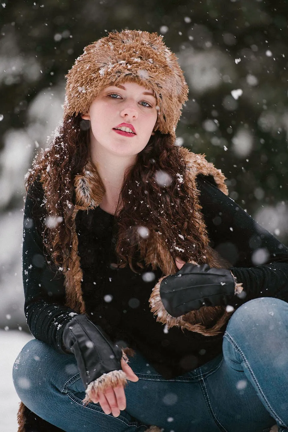 Fingerless Gloves - Vegan Black Leather lined in Fox Faux Fur - Sold Out!