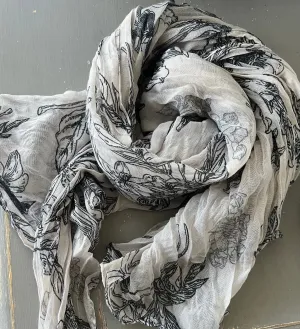 Floral Cotton Crinkle Scarf - Warm White Black