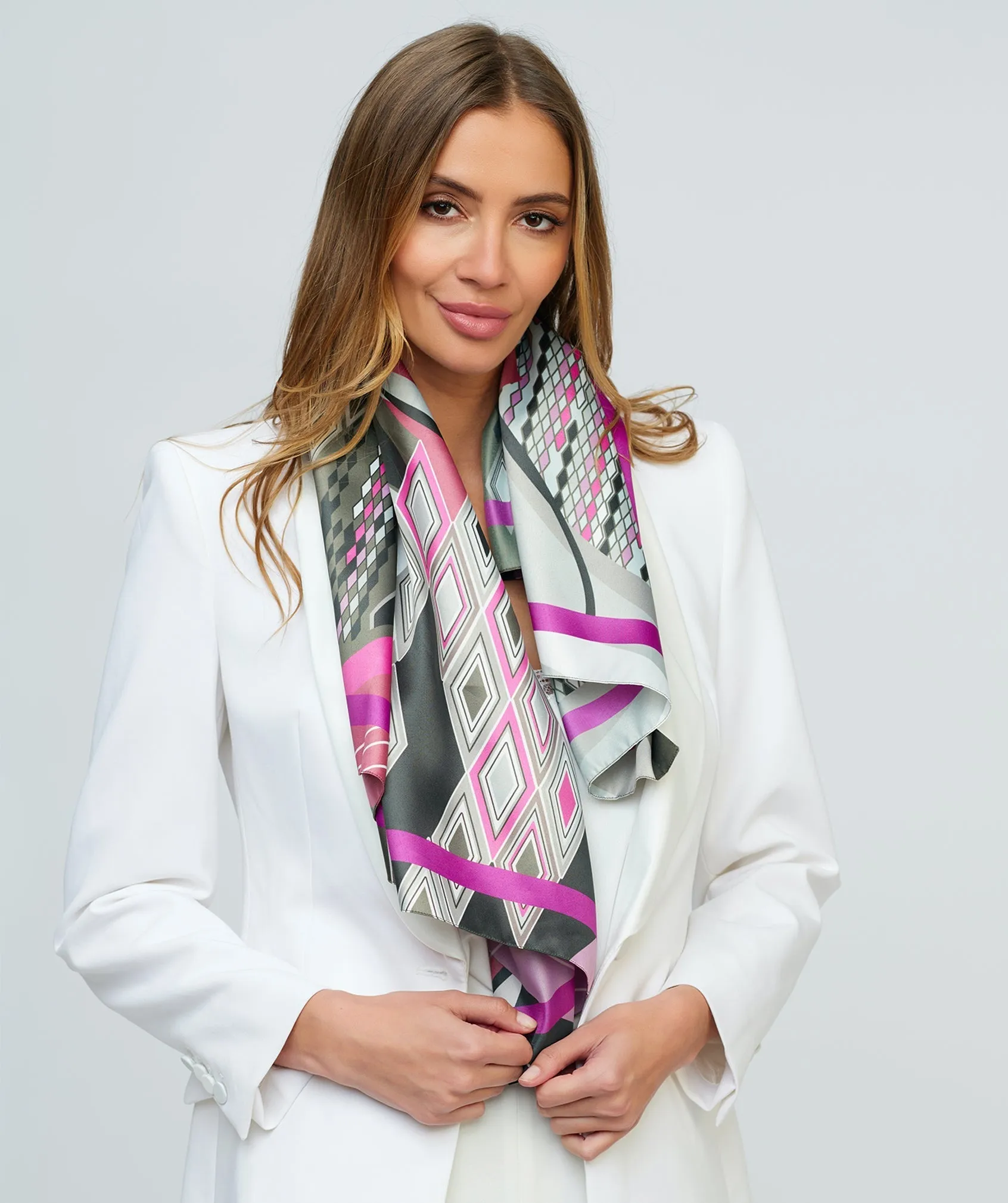 Fuchsia Geometric Print Scarf with Silky Finish Fabric