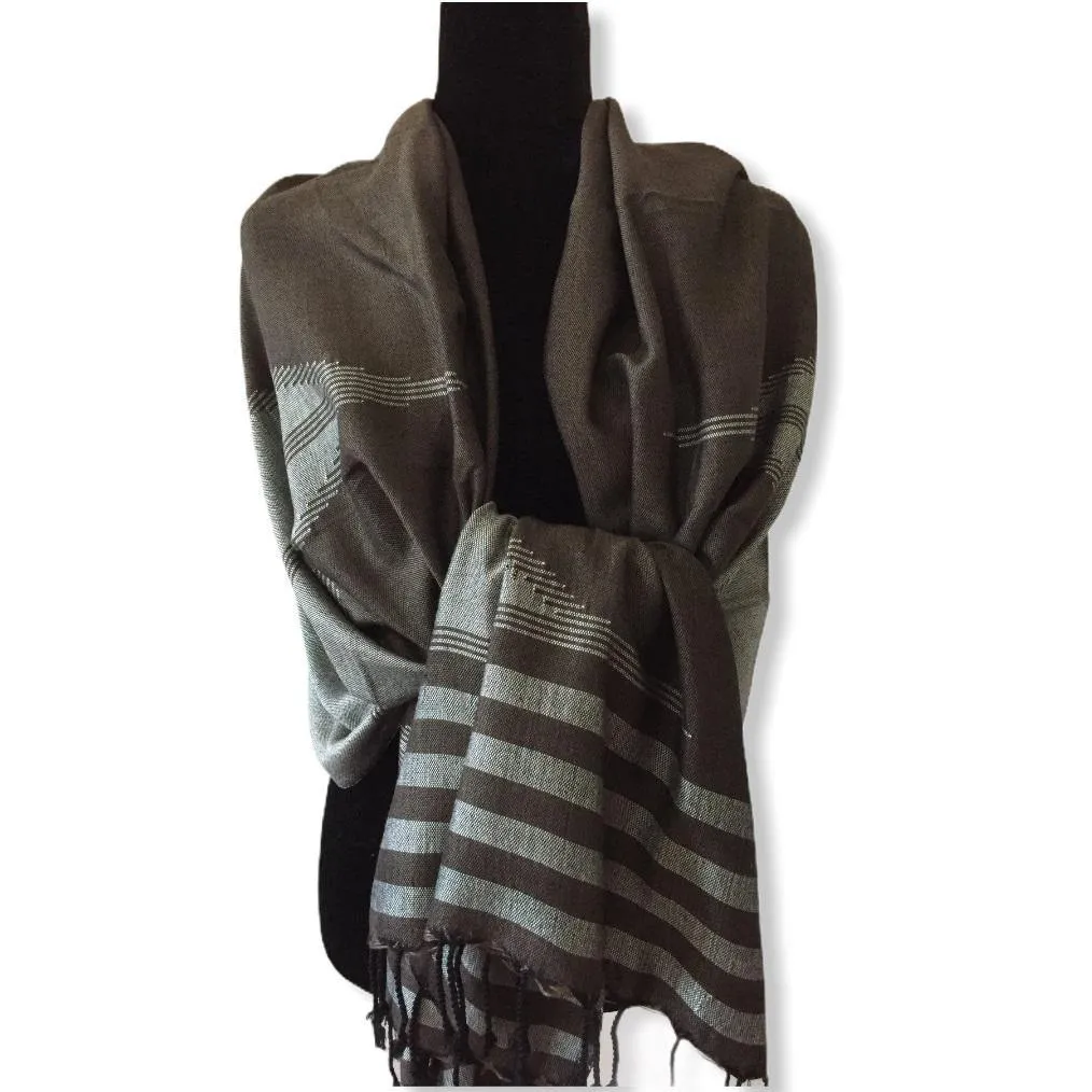 Geometric Handwoven Shawl - Cappuccino & Silver