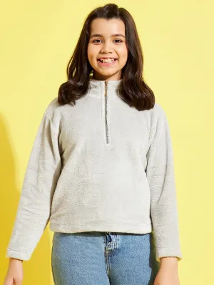 Girls Grey Fur Front Zipper Sweatshirt - Lyush Kids