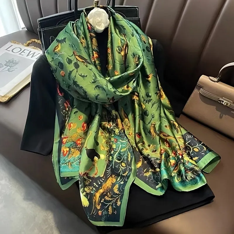 Green Satin Bird Song Floral Art Print Neck Scarf