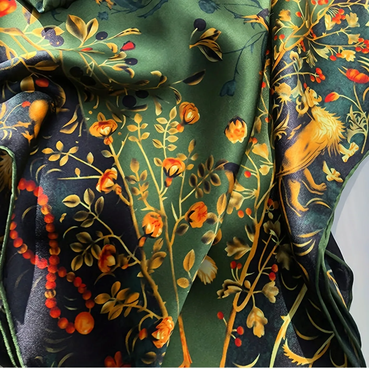 Green Satin Bird Song Floral Art Print Neck Scarf