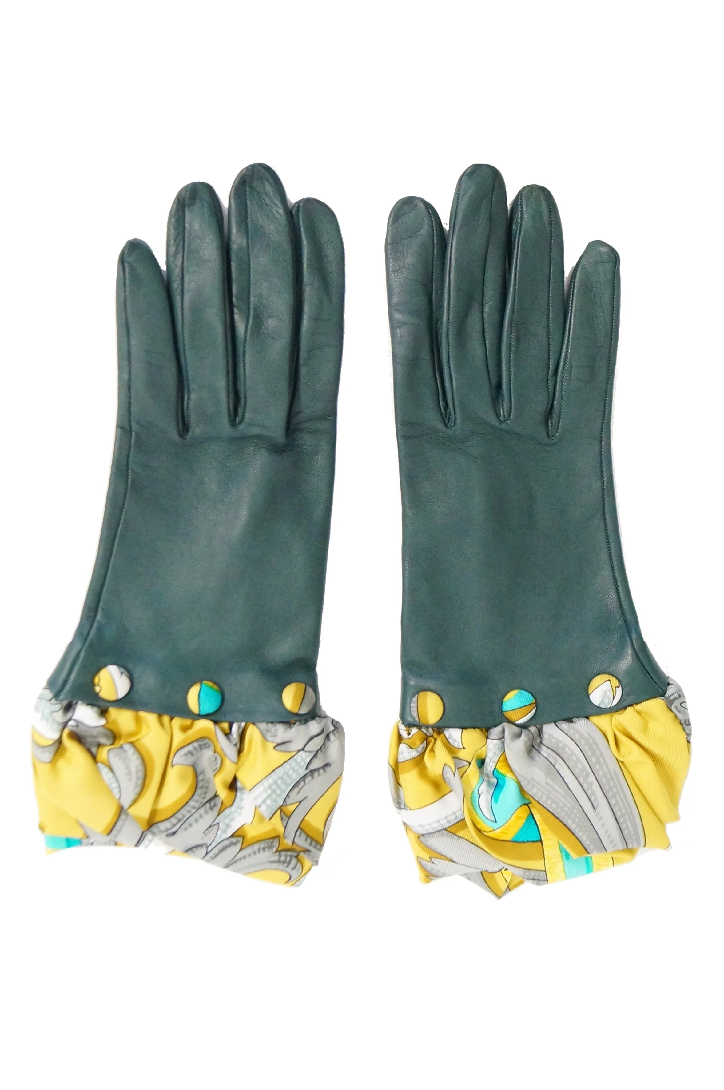 Hermes Green Calfskin Gloves W/ Optional Silk Scarf Cuff