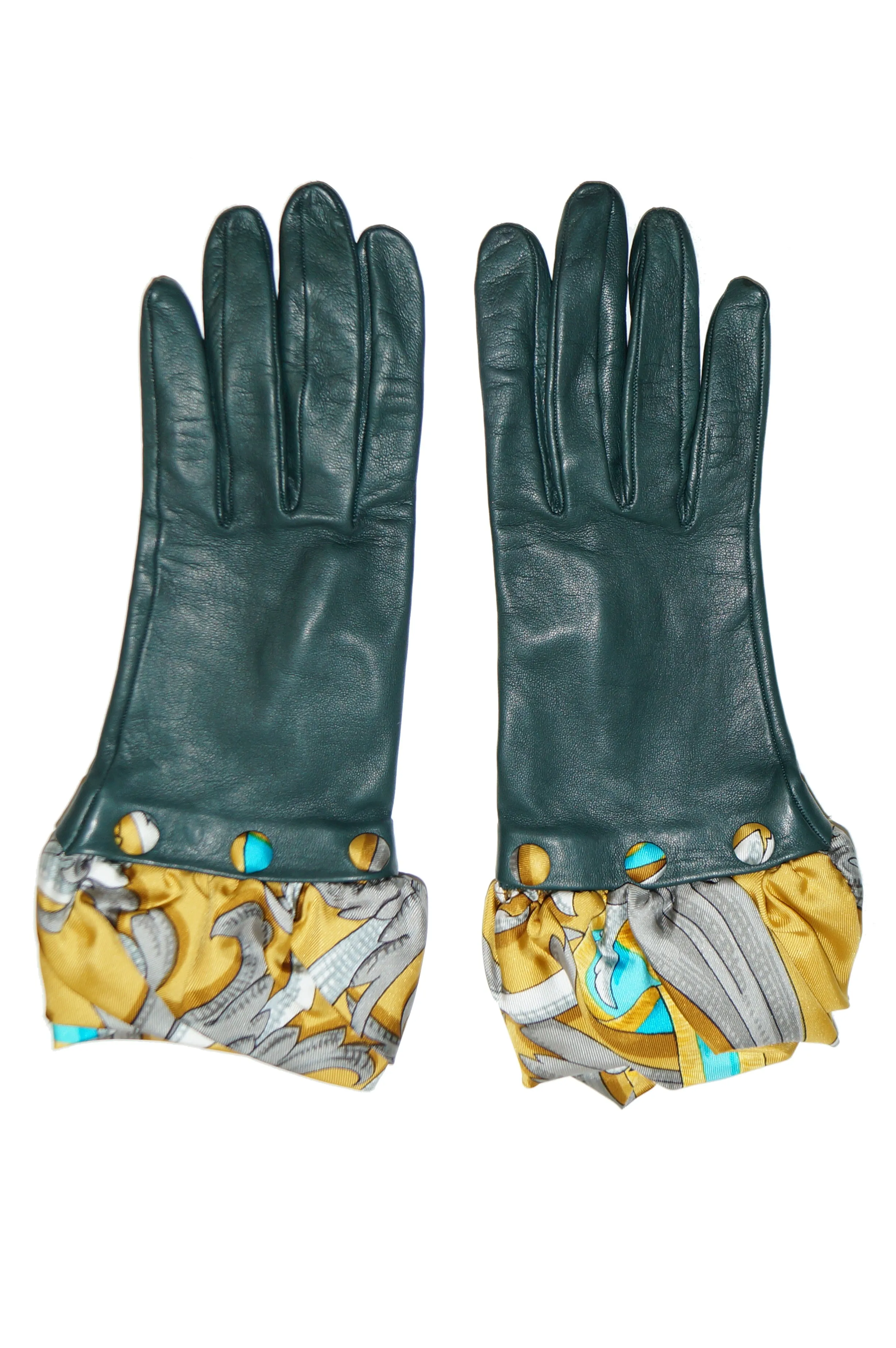 Hermes Green Calfskin Gloves W/ Optional Silk Scarf Cuff