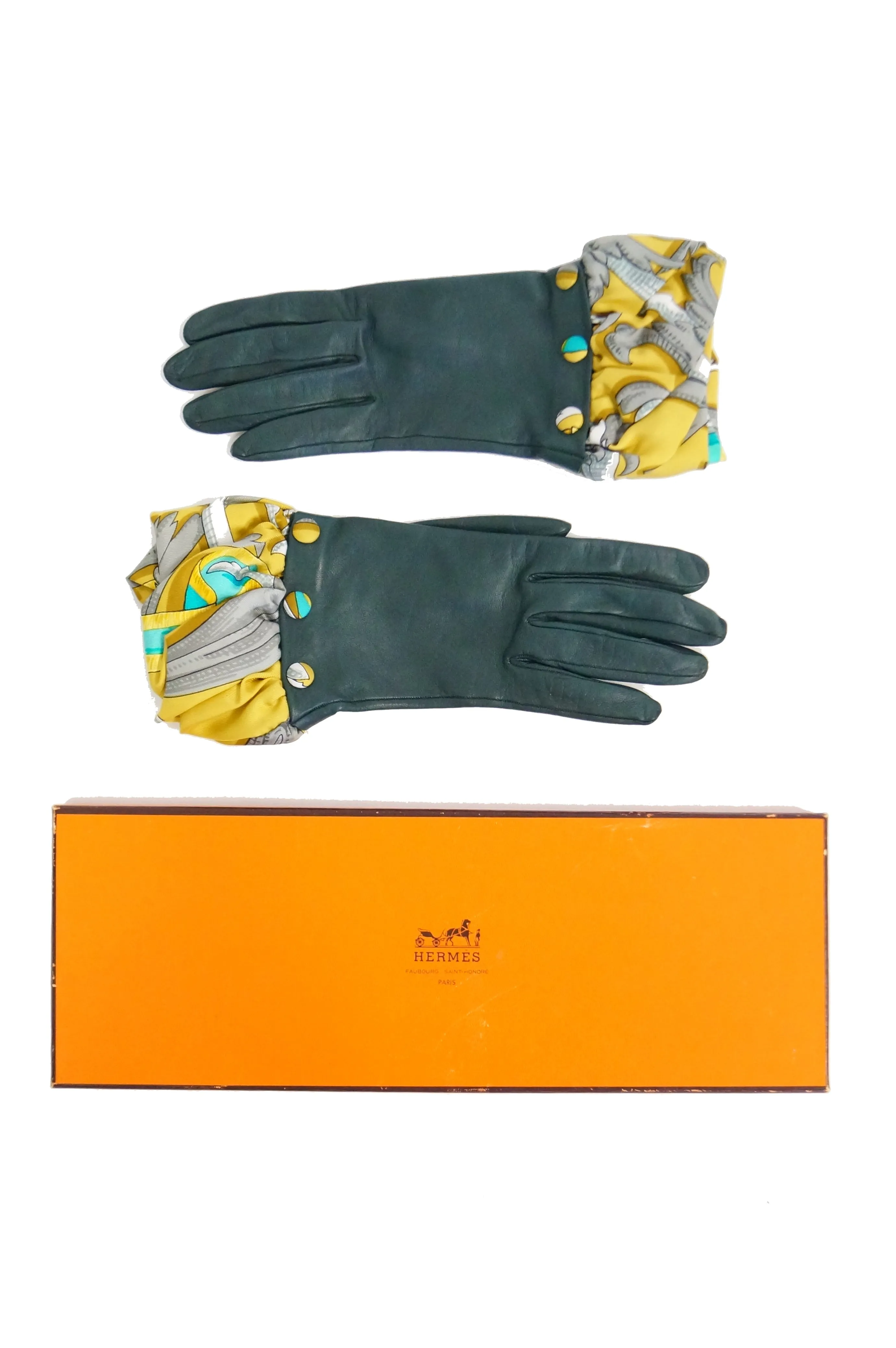 Hermes Green Calfskin Gloves W/ Optional Silk Scarf Cuff