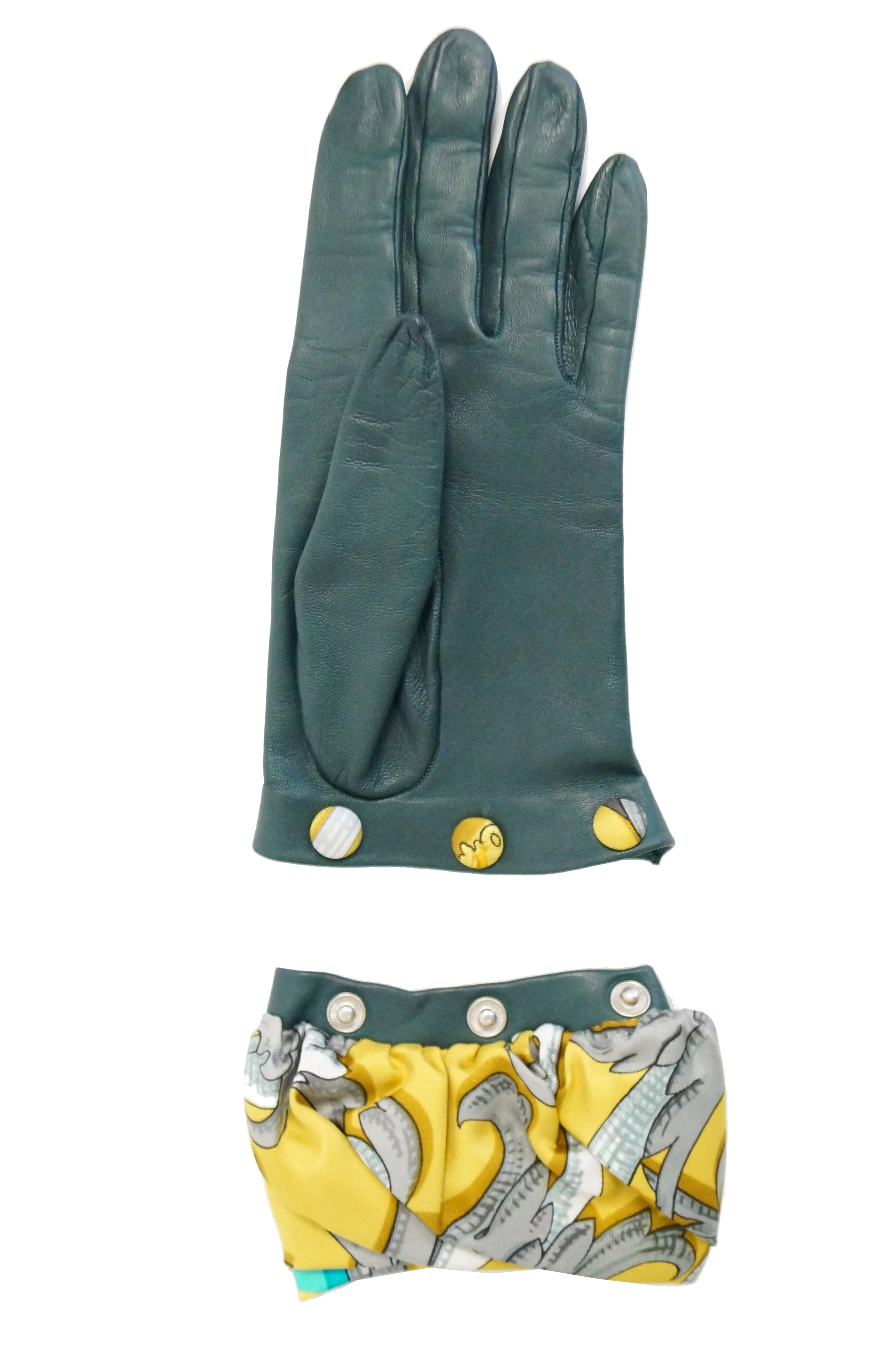 Hermes Green Calfskin Gloves W/ Optional Silk Scarf Cuff