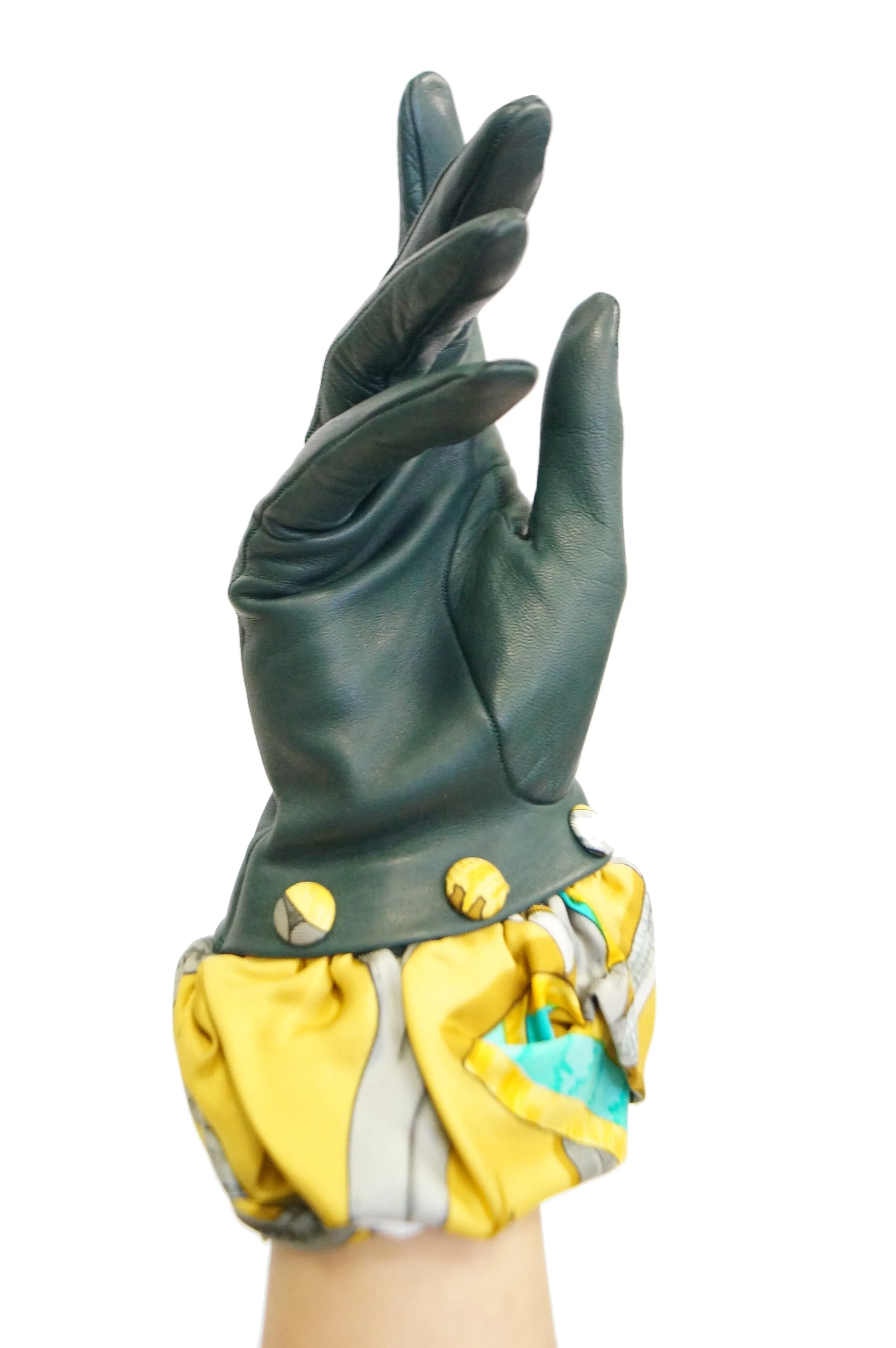 Hermes Green Calfskin Gloves W/ Optional Silk Scarf Cuff