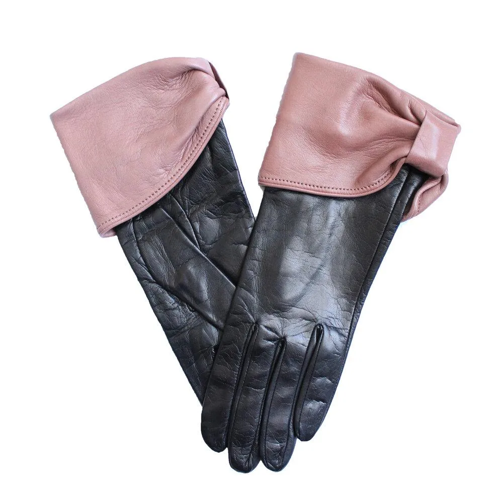 Julie - Women's Silk Lined Leather Gloves with Bow Cuff