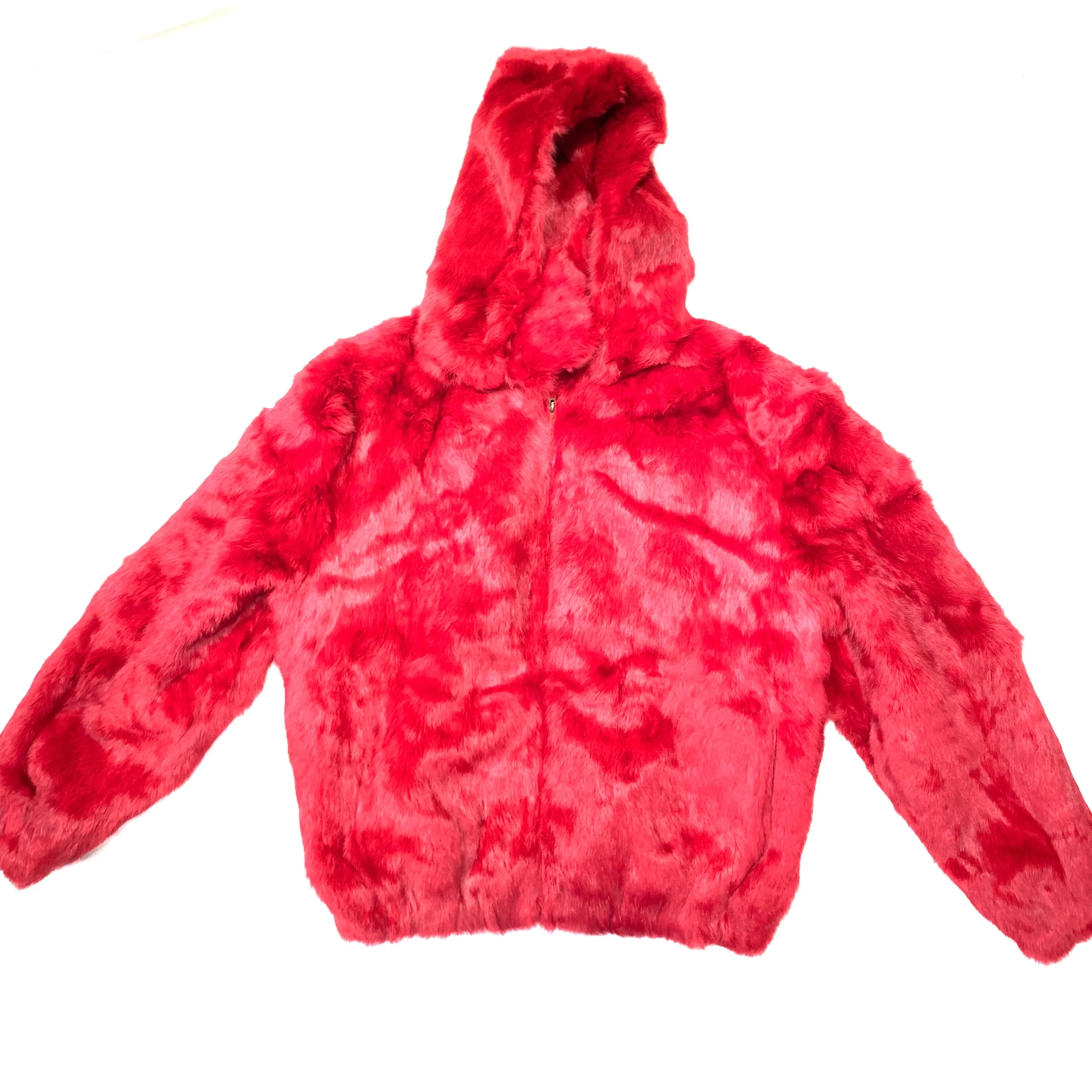 Kashani Men's Red Rabbit Fur Hooded Bomber Jacket