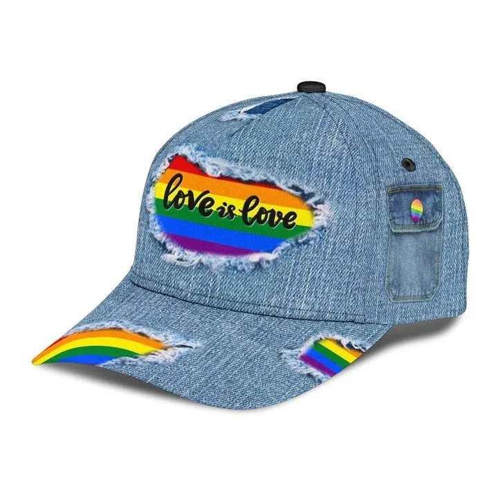 LGBT 3D All Over Printed Baseball Cap Hat Jean Pattern Love Is Love, Classic Cap For Couple Lesbian Gaymer