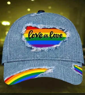 LGBT 3D All Over Printed Baseball Cap Hat Jean Pattern Love Is Love, Classic Cap For Couple Lesbian Gaymer