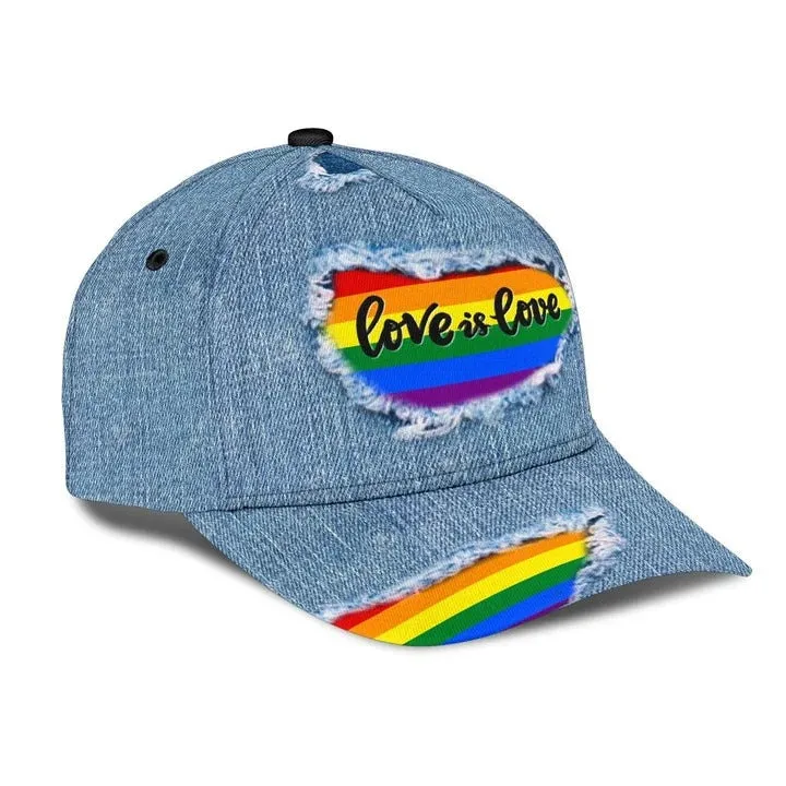 LGBT 3D All Over Printed Baseball Cap Hat Jean Pattern Love Is Love, Classic Cap For Couple Lesbian Gaymer