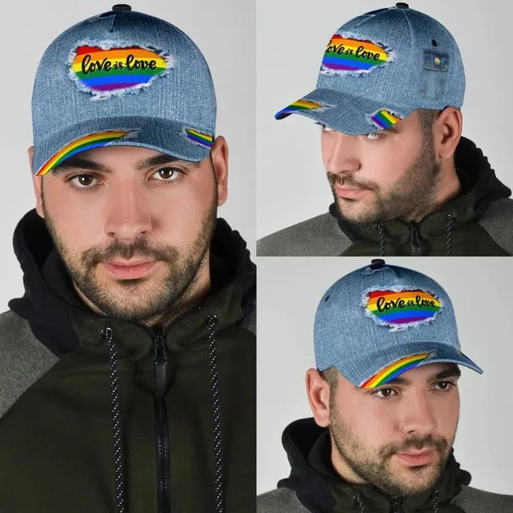 LGBT 3D All Over Printed Baseball Cap Hat Jean Pattern Love Is Love, Classic Cap For Couple Lesbian Gaymer