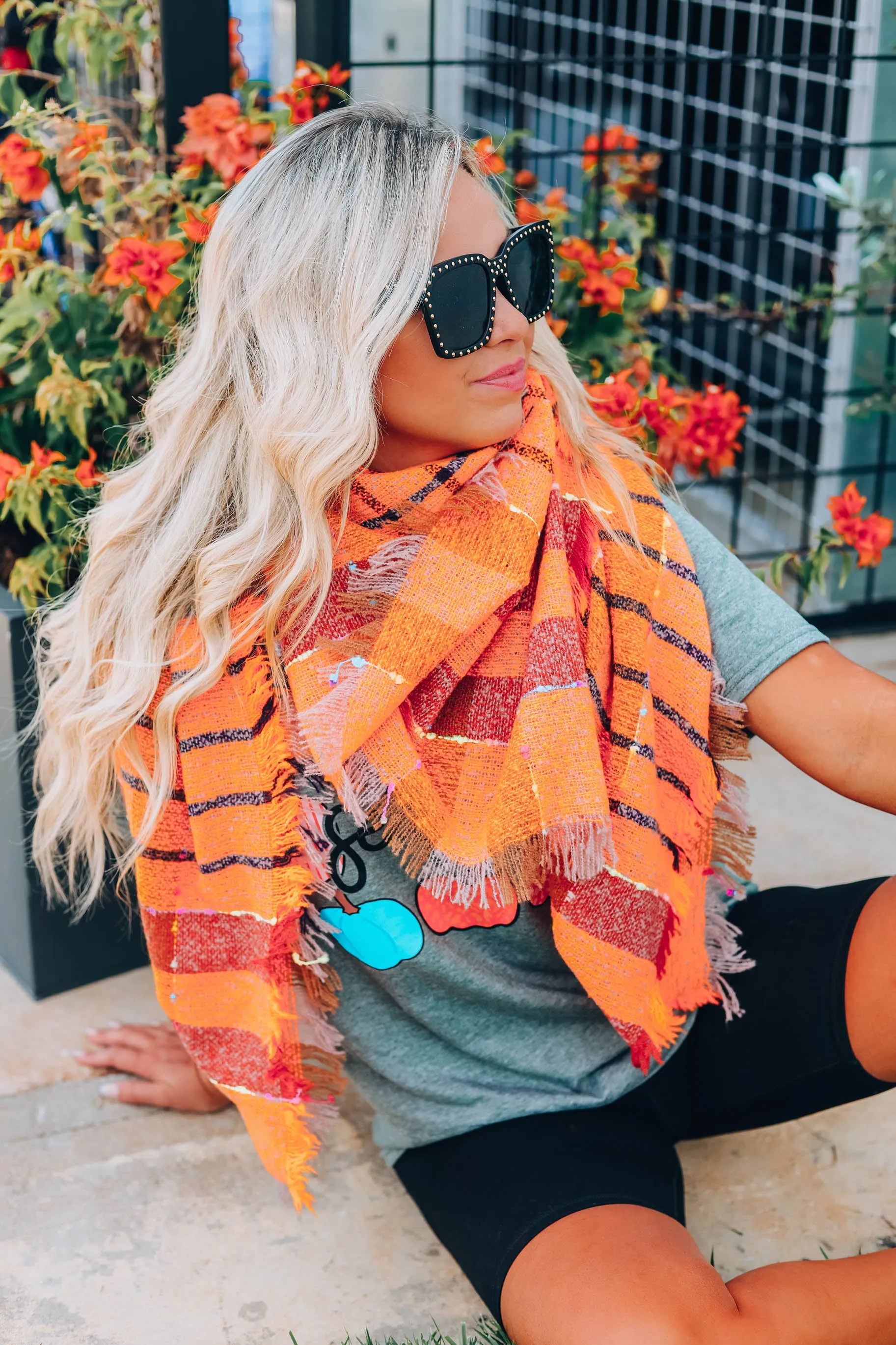 Madras Plaid Blanket Scarf - Orange