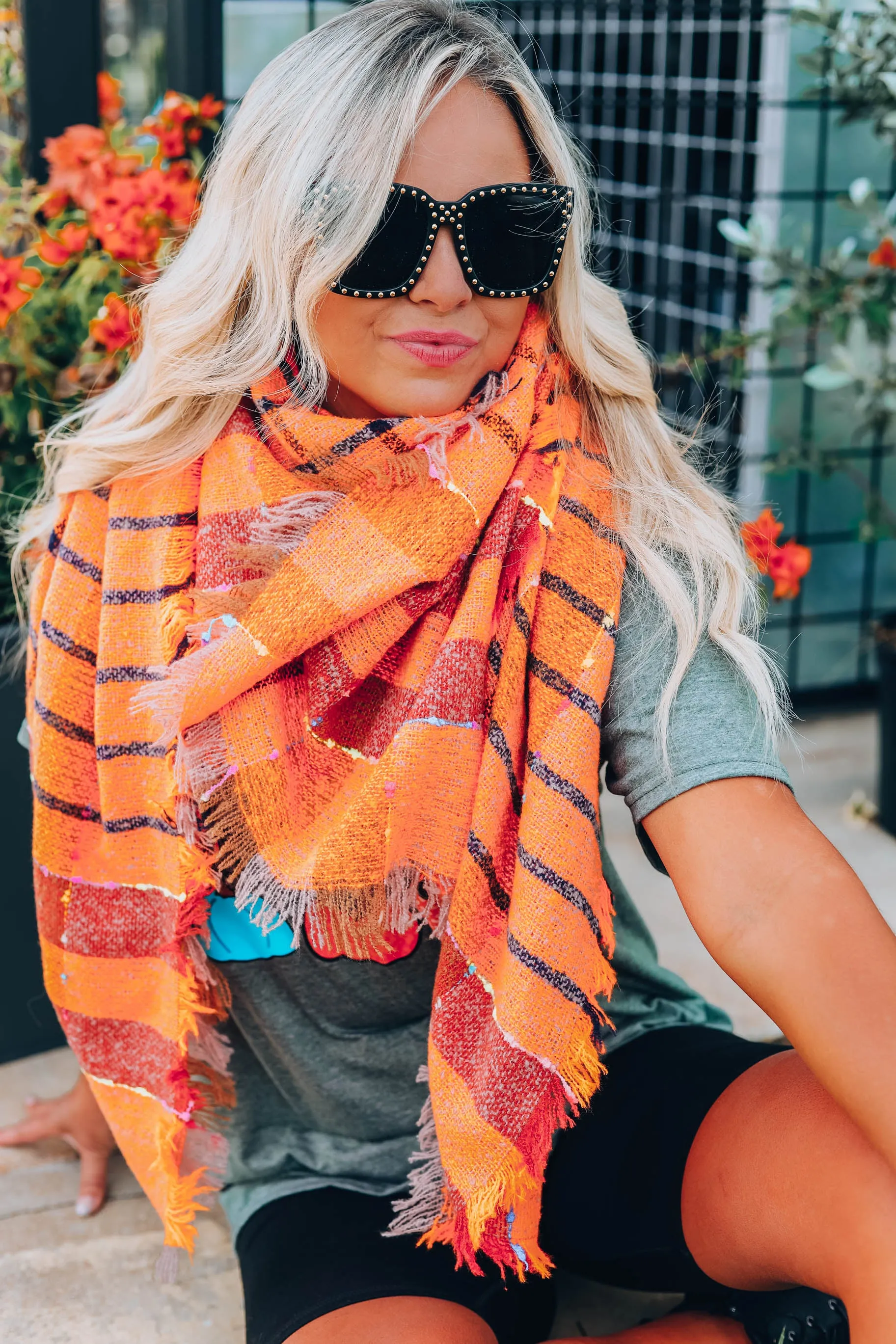 Madras Plaid Blanket Scarf - Orange