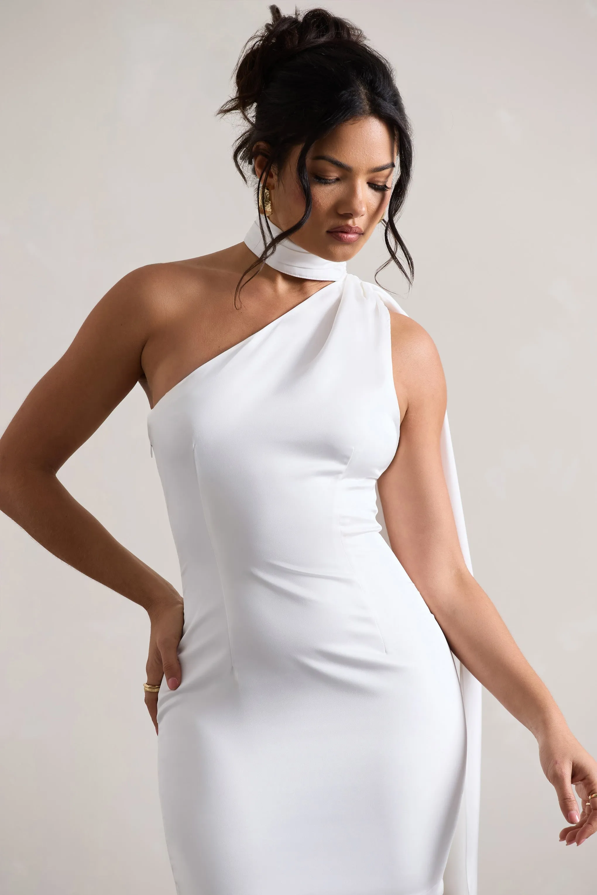 Natalie | White Satin One Shoulder Mini Dress With Scarf Detail