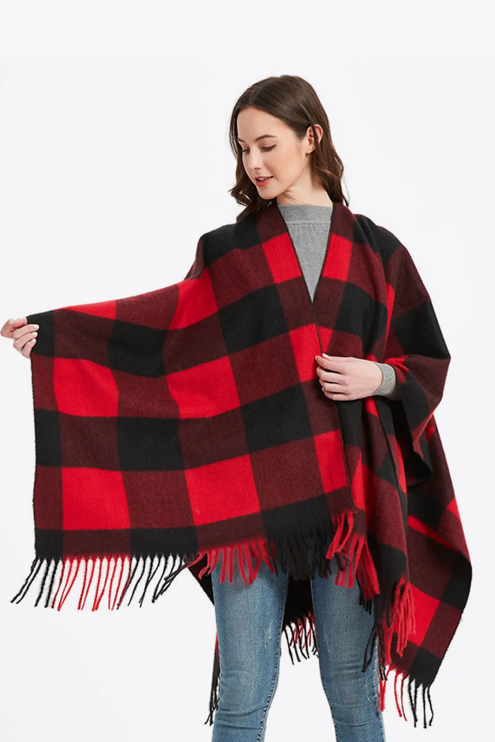 Plaid Fringe Detail Polyester Scarf