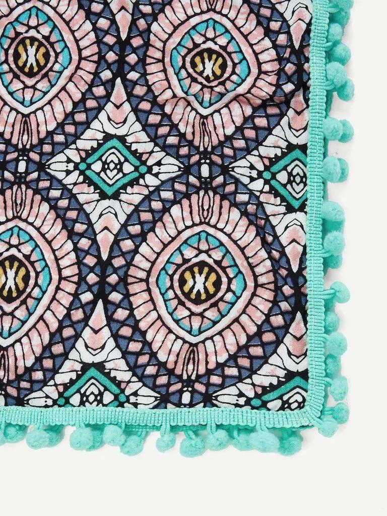 Pom Pom Trim Geometric Print Scarf