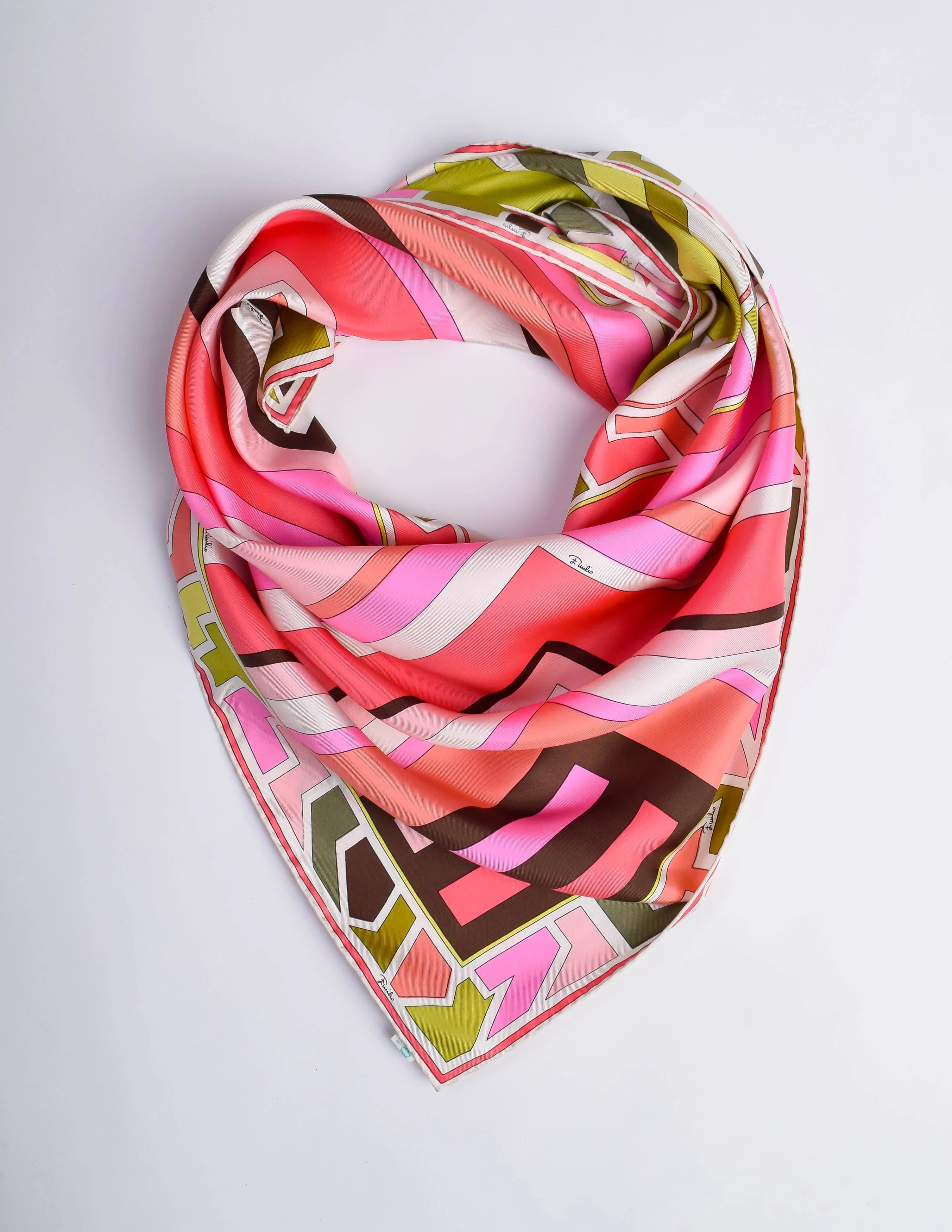 Pucci Vintage Green and Pink Geometric Print Silk Scarf