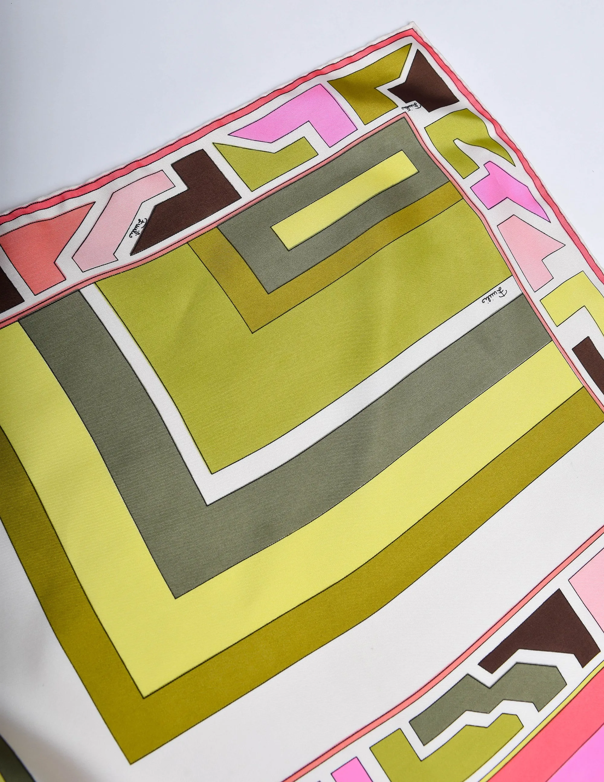 Pucci Vintage Green and Pink Geometric Print Silk Scarf