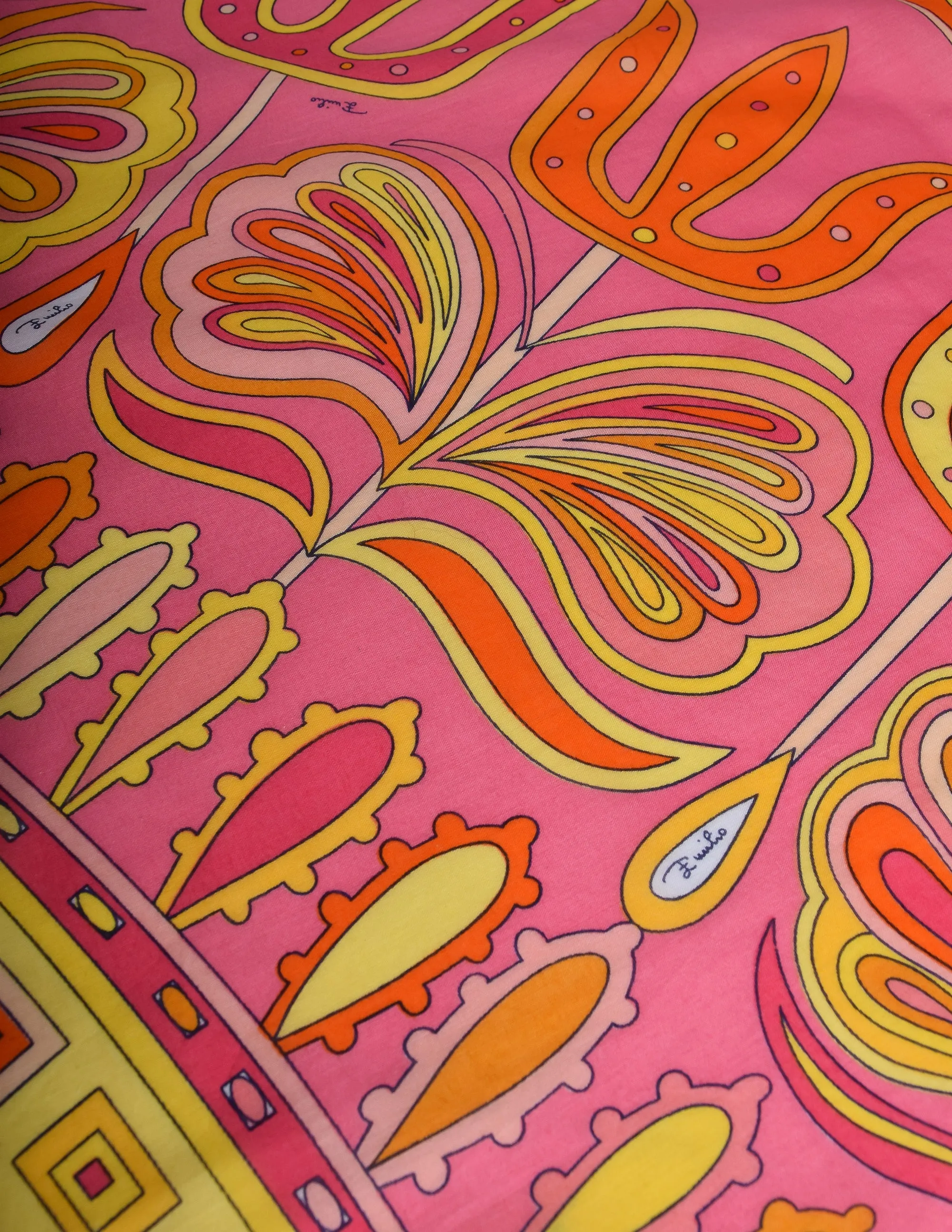 Pucci Vintage Incredible Psychedelic Geometric Mod Floral Pink Yellow Large Cotton Scarf