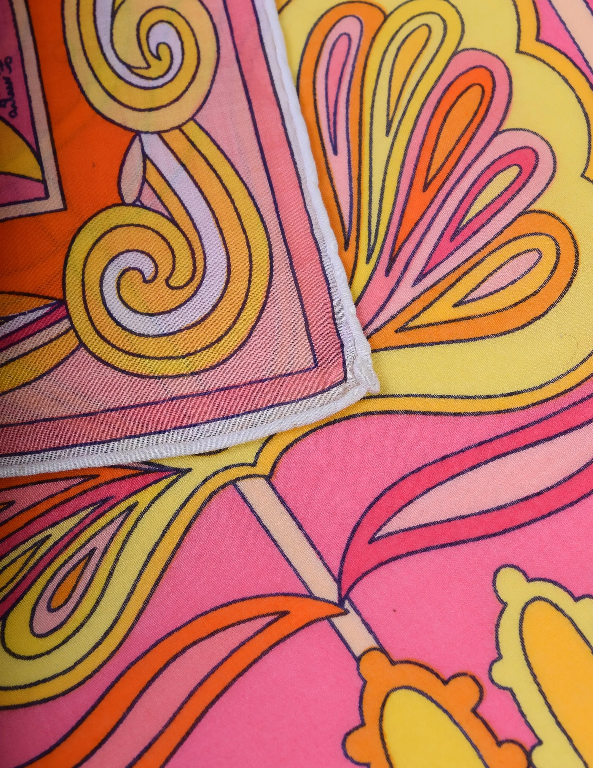 Pucci Vintage Incredible Psychedelic Geometric Mod Floral Pink Yellow Large Cotton Scarf