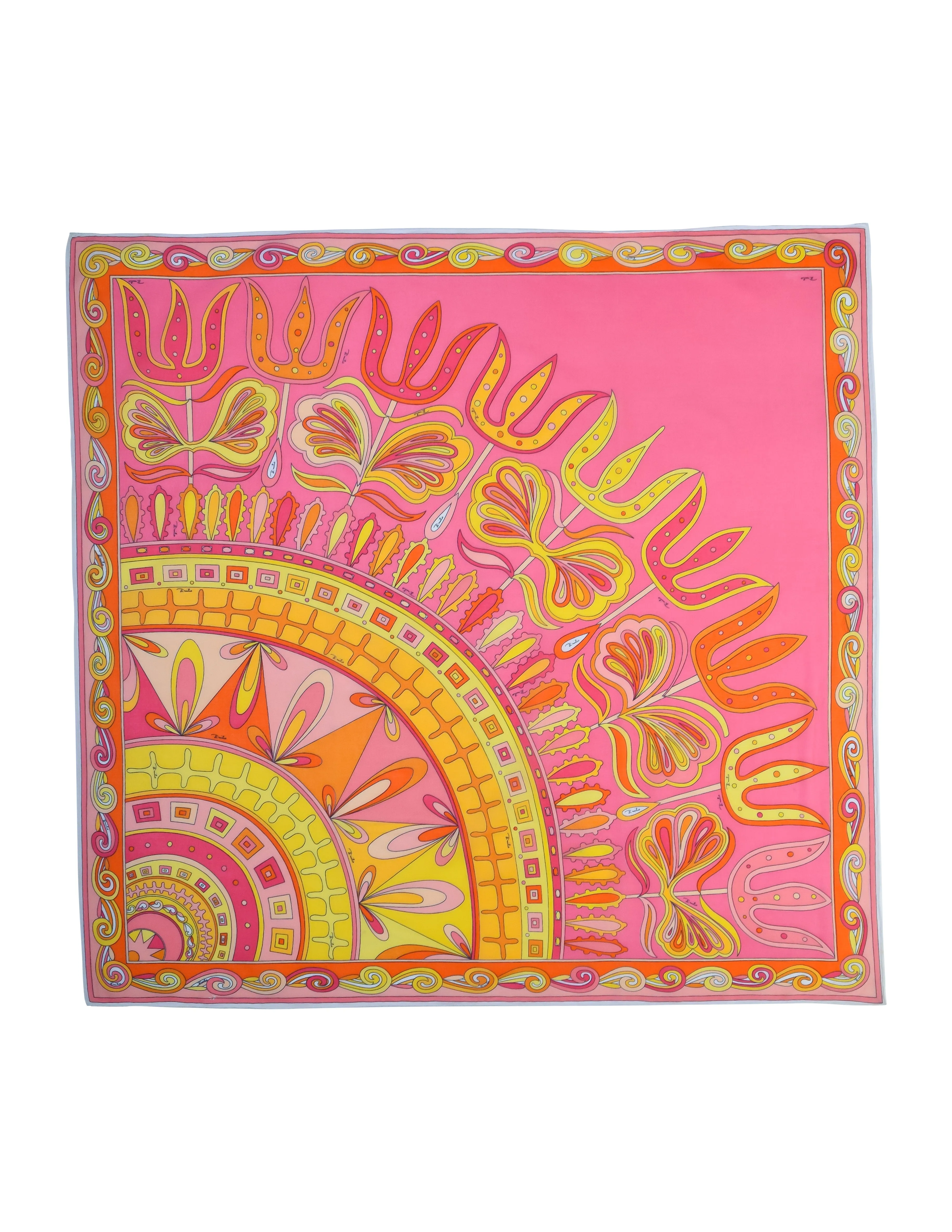 Pucci Vintage Incredible Psychedelic Geometric Mod Floral Pink Yellow Large Cotton Scarf