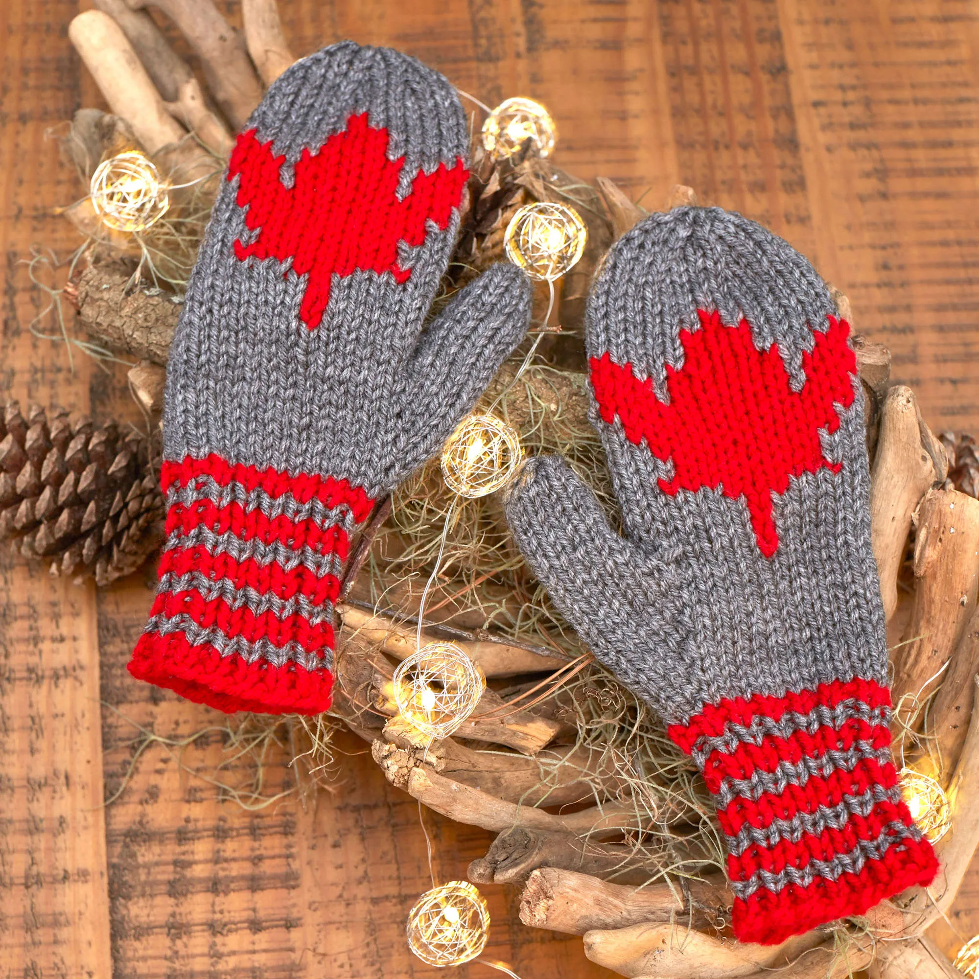 Red Heart Knit Maple Leaf Mittens